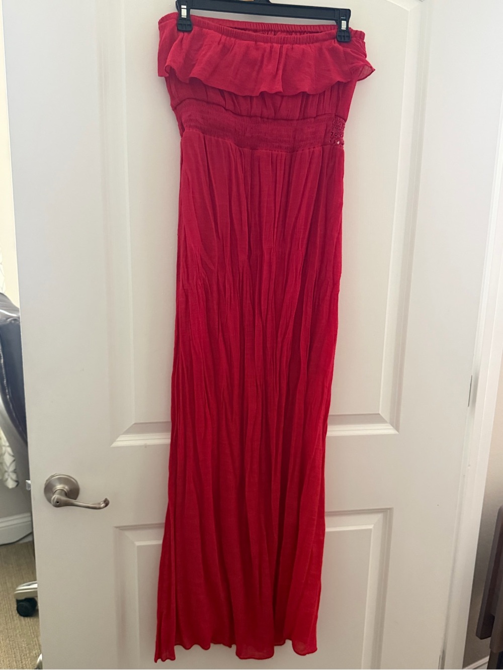 Strapless Ruffle Waist Red Maxi Dress - Picture 5 of 6